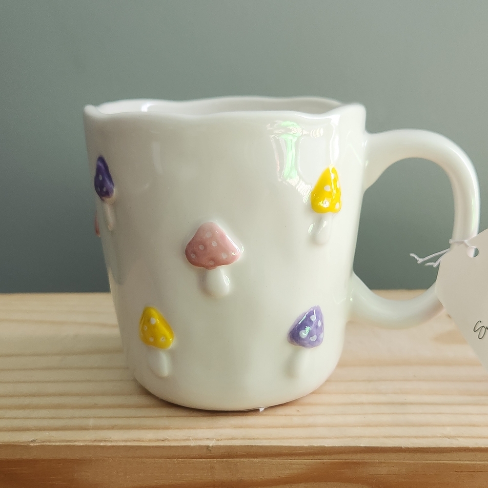 Colorful Spring Pink, Yellow, and Purple Mushroom Ceramic Mug With Wavy Edge NWT
